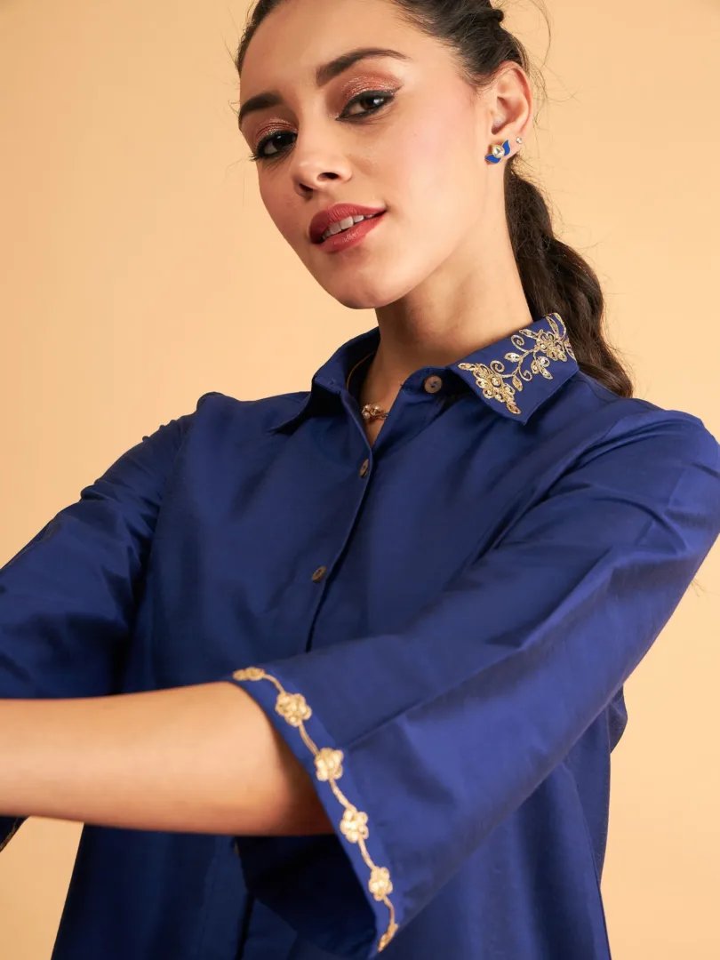 Women Royal Blue Embroidered Collar Shirt With Pants