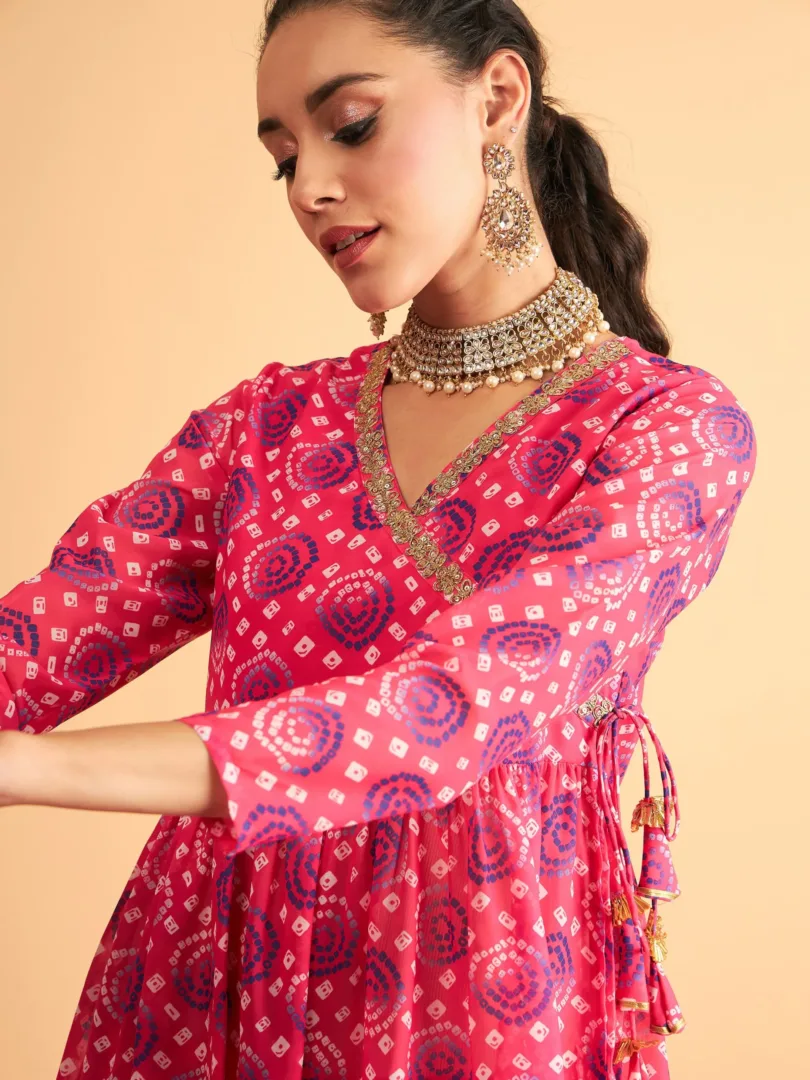 Women Fuchsia & Blue Bandhej Peplum Top With Palazzos