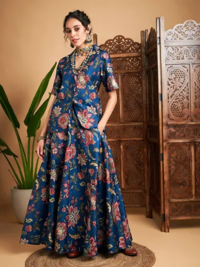 Women Blue Floral Anarkali Skirt With Blazer