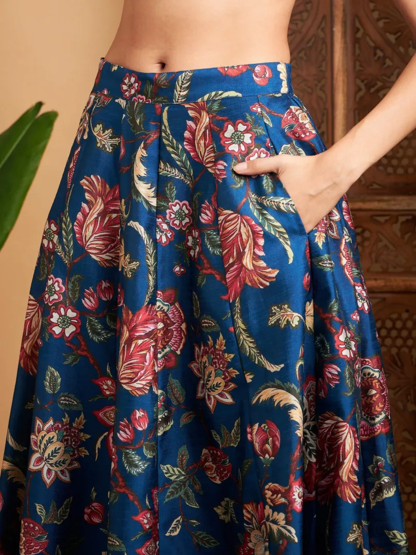 Women Blue Floral Anarkali Skirt With Blazer