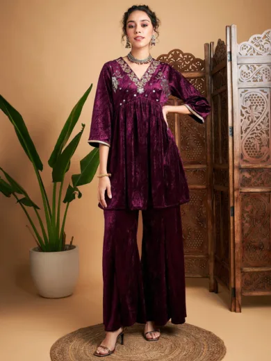 Women Purple Velvet Embroidered Top With Palazzos