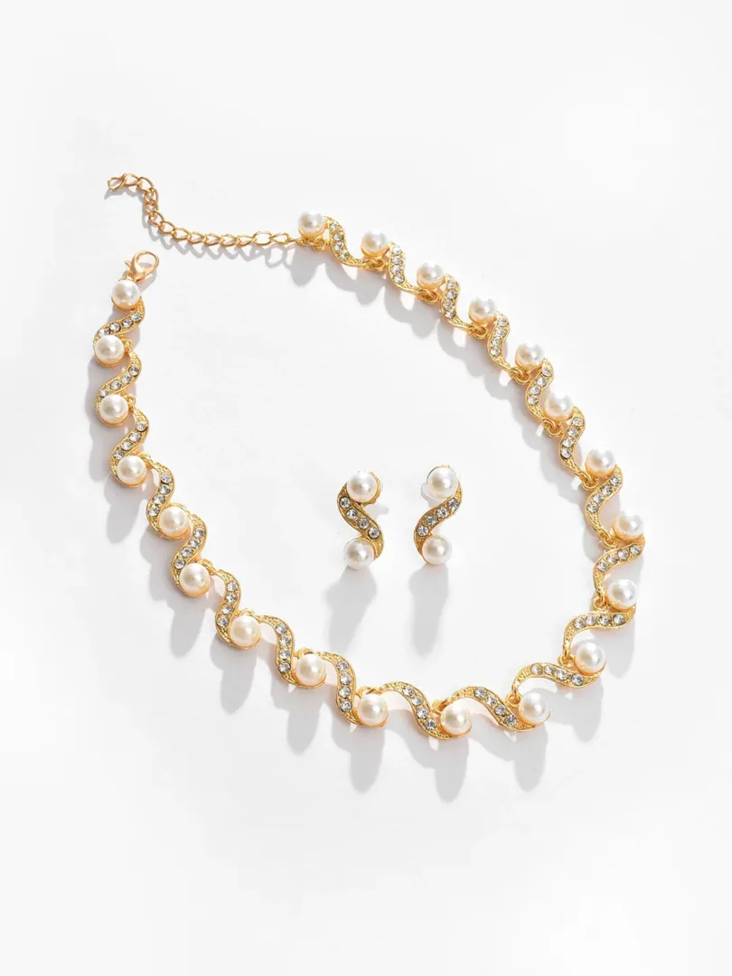 Gold Plated Pearl Necklace and Earring Set Jewellery Set