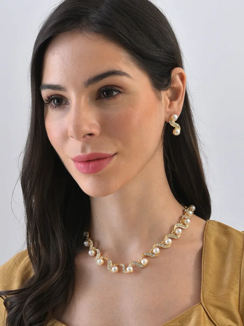 Gold Plated Pearl Necklace and Earring Set Jewellery Set