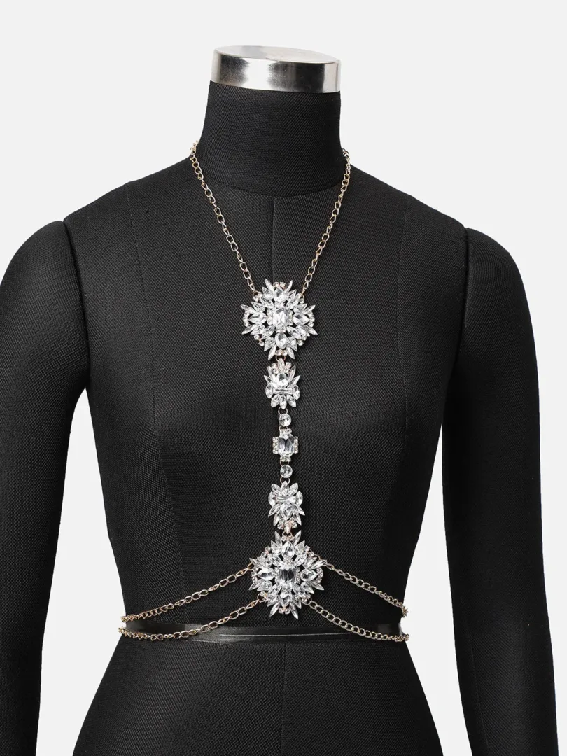 SOHI Silver plated sexy women body chain | Adjustable body bra chain for women | Multi layered Harness body chain necklace | Fancy, stylish embellished designer body chain | jewellery for women & girl