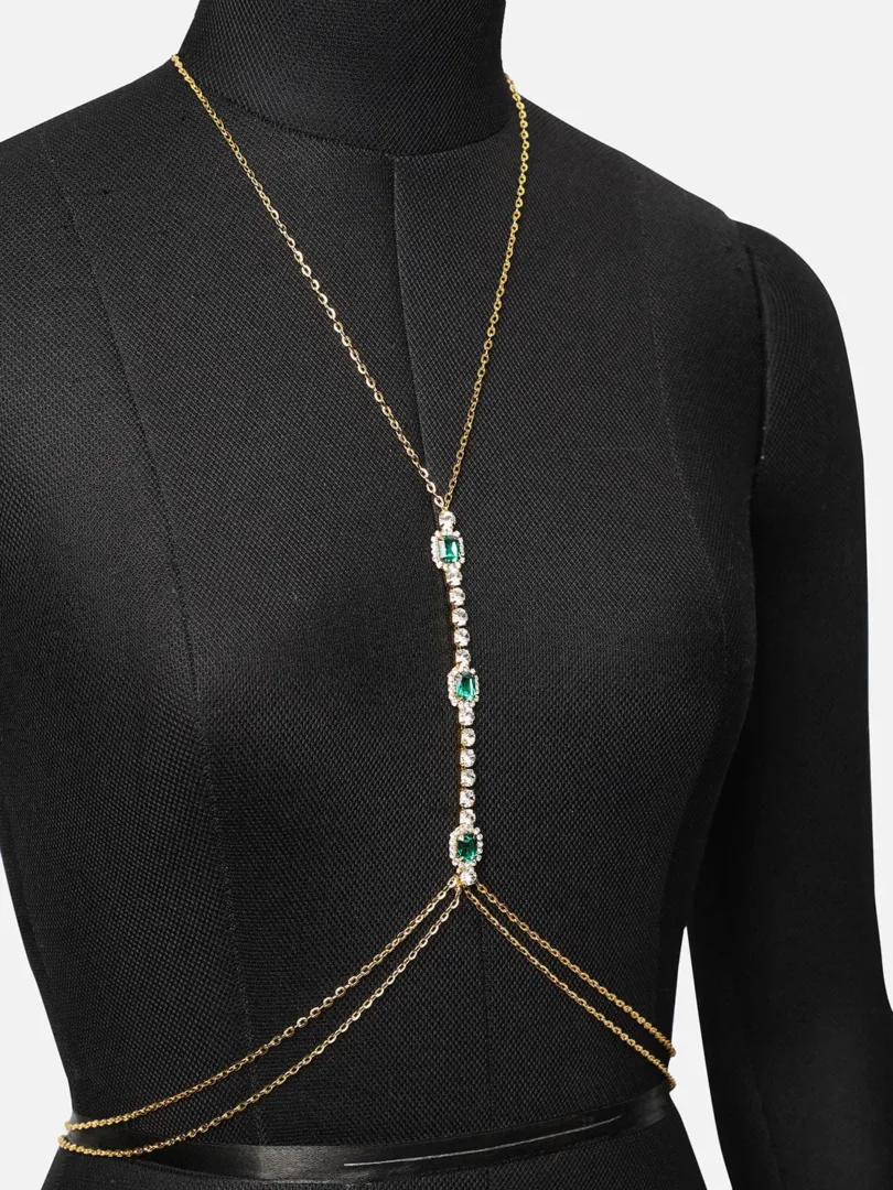 SOHI Gold plated sexy women body chain | Adjustable body bra chain for women | Multi layered Harness body chain necklace | Fancy, stylish embellished designer body chain | jewellery for women & girls
