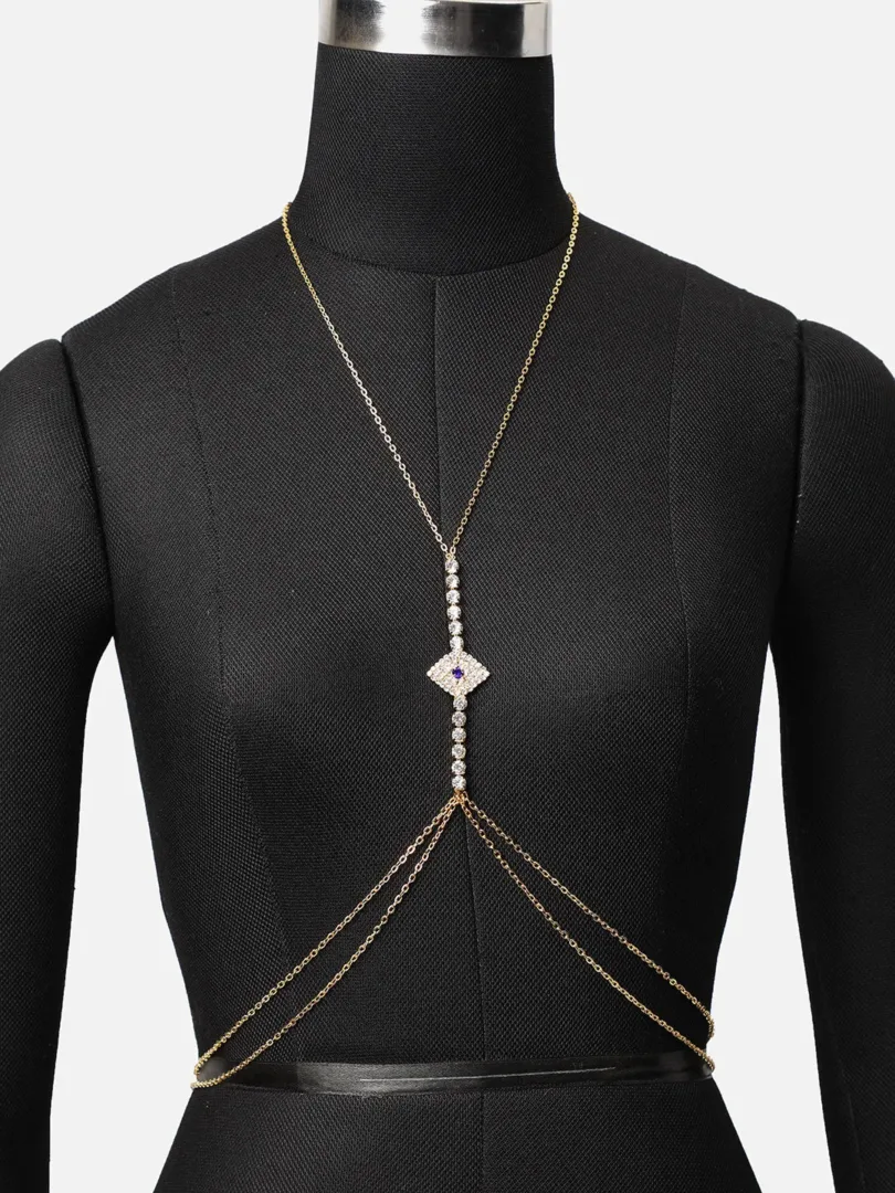 SOHI Gold plated sexy women body chain | Adjustable body bra chain for women | Multi layered Harness body chain necklace | Fancy, stylish embellished designer body chain | jewellery for women & girls