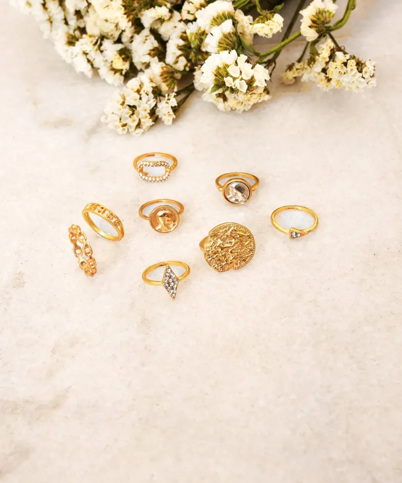 Pack of 8 Gold Plated Designer Stone Ring