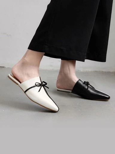 Bow Décor Pointed Toe Casual White Mules For Women & Girls