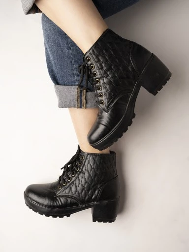 Womens & Girls Lace Up High Top Solid Black Heeled Boots