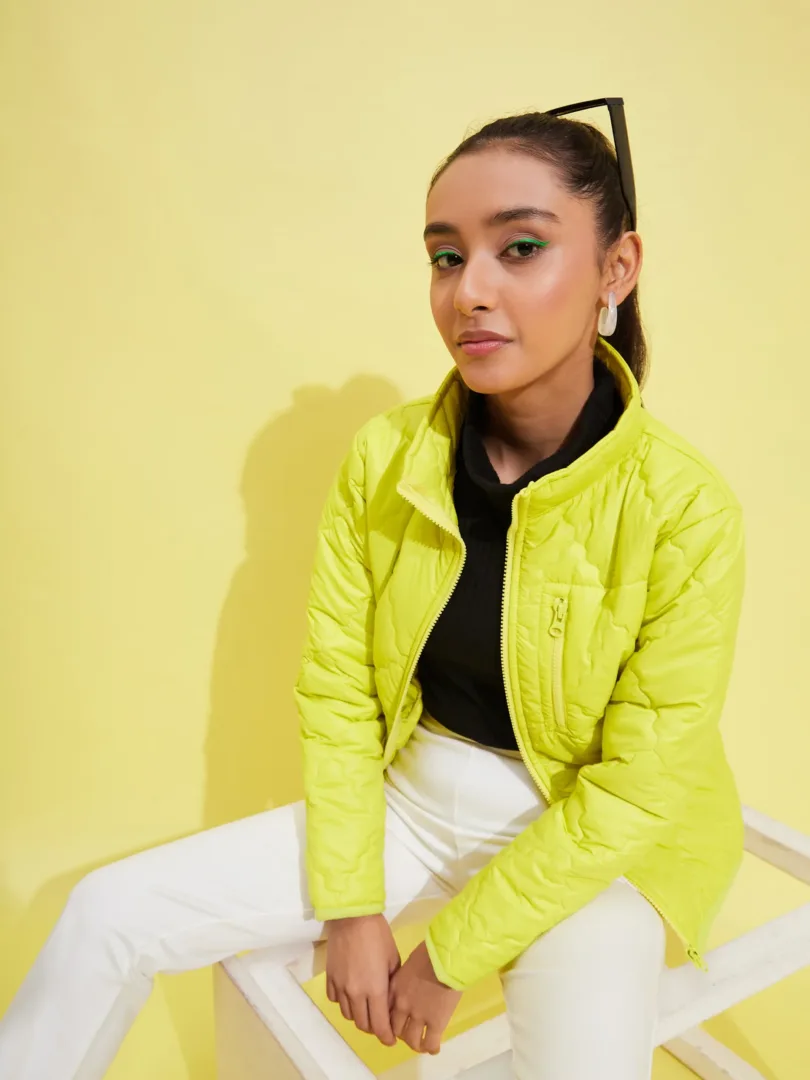 Girls Neon Yellow Quilted Zipper Jacket