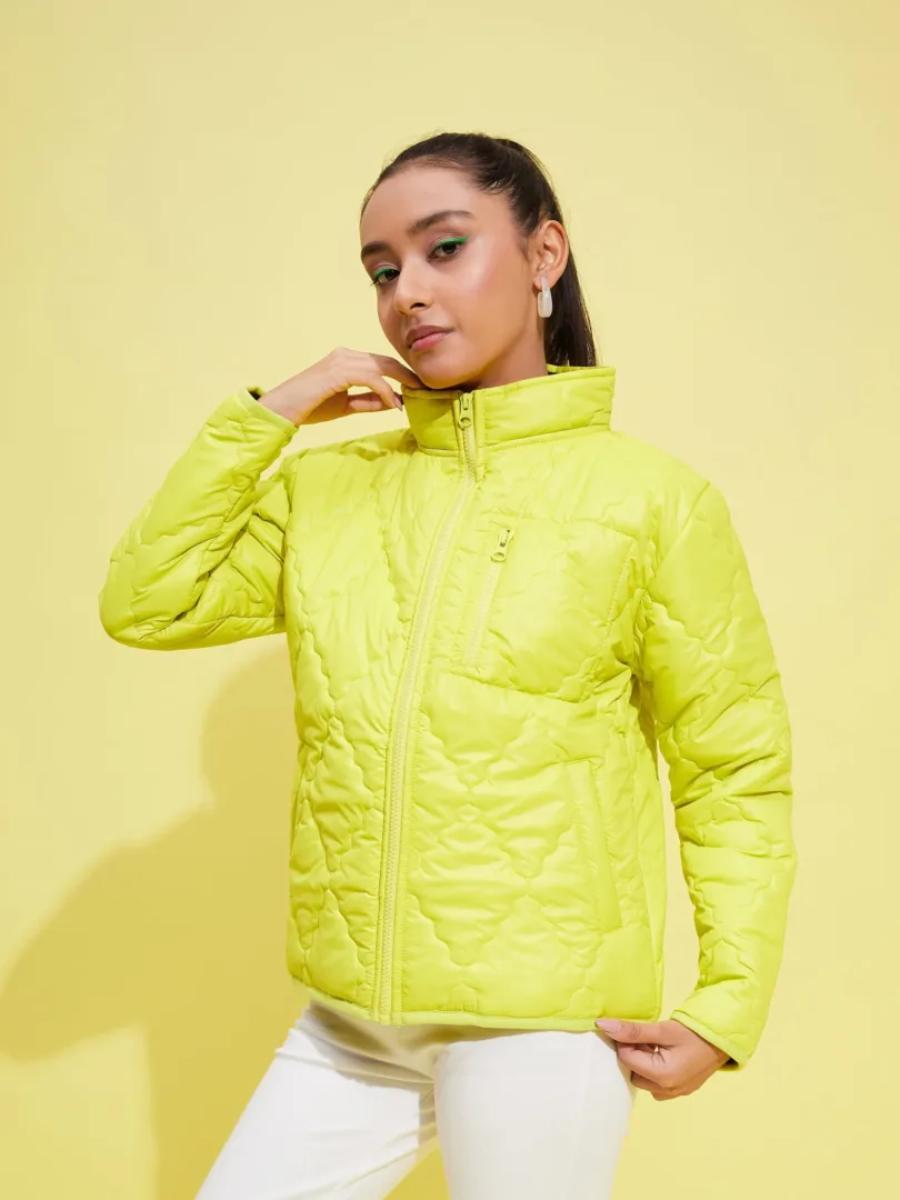 Girls Neon Yellow Quilted Zipper Jacket