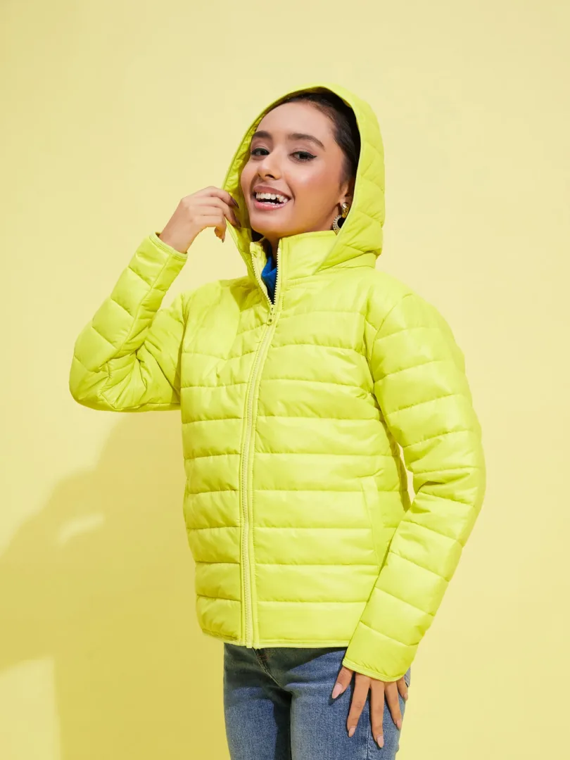 Girls Neon Yellow Quilted Hooded Jacket