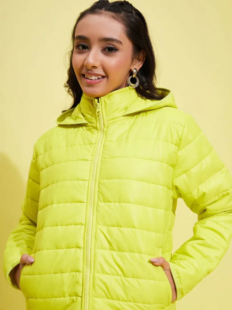 Girls Neon Yellow Quilted Hooded Jacket