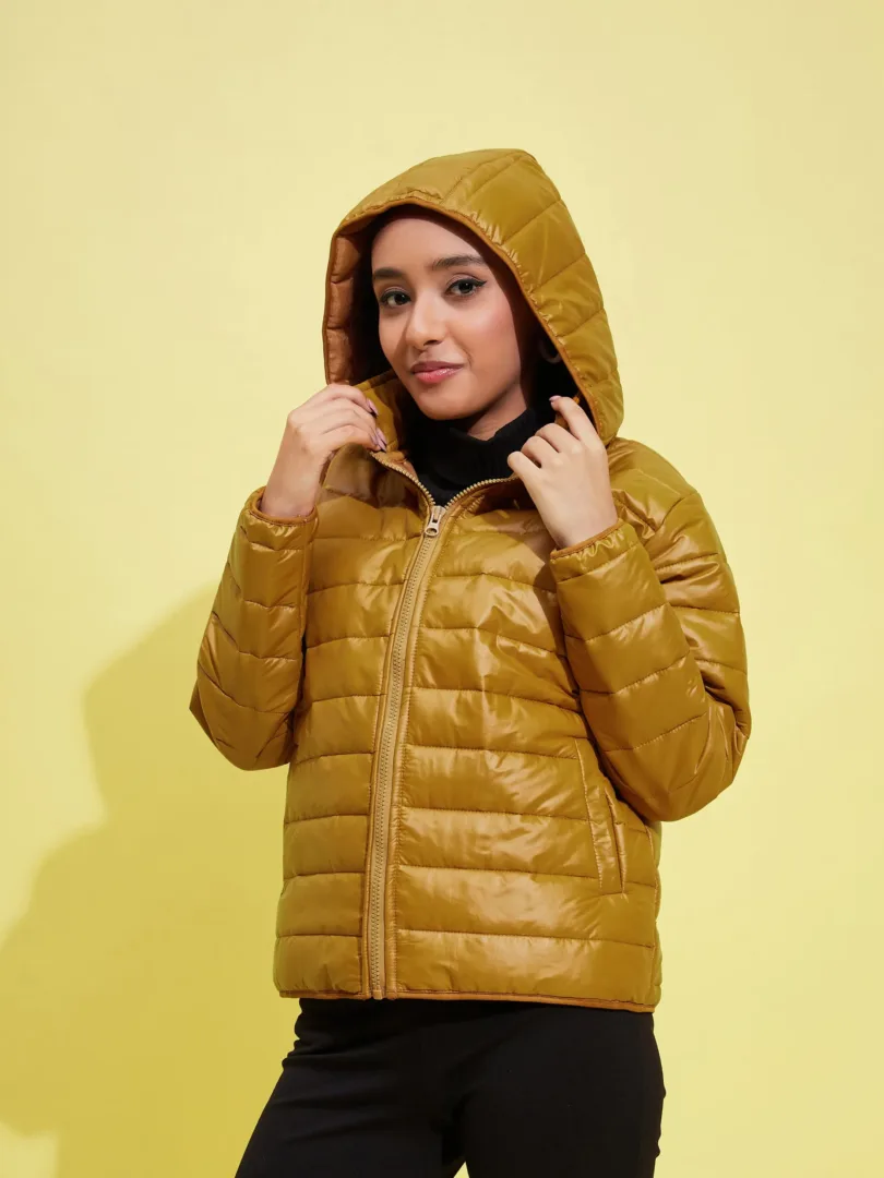 Girls Brown Quilted Hooded Jacket