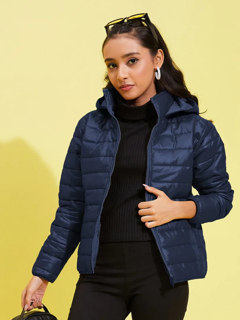 Girls Navy Quilted Hooded Jacket