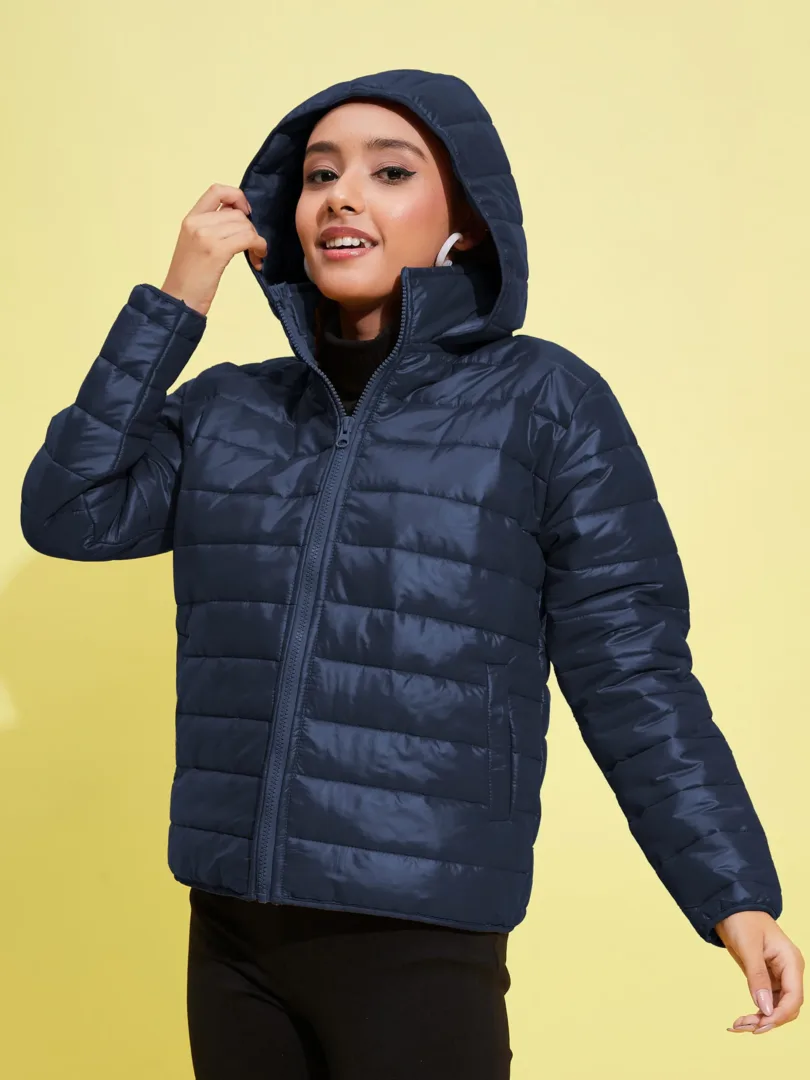 Girls Navy Quilted Hooded Jacket