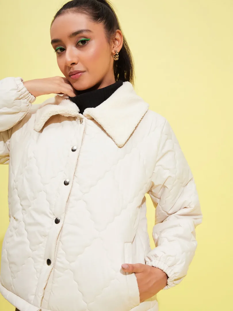 Girls Off White Fur Collar Quilted Jacket