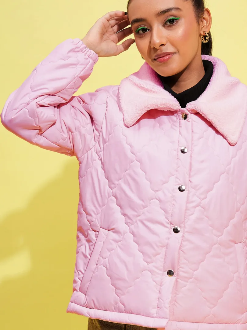 Girls Pink Fur Fur Collar Quilted Jacket