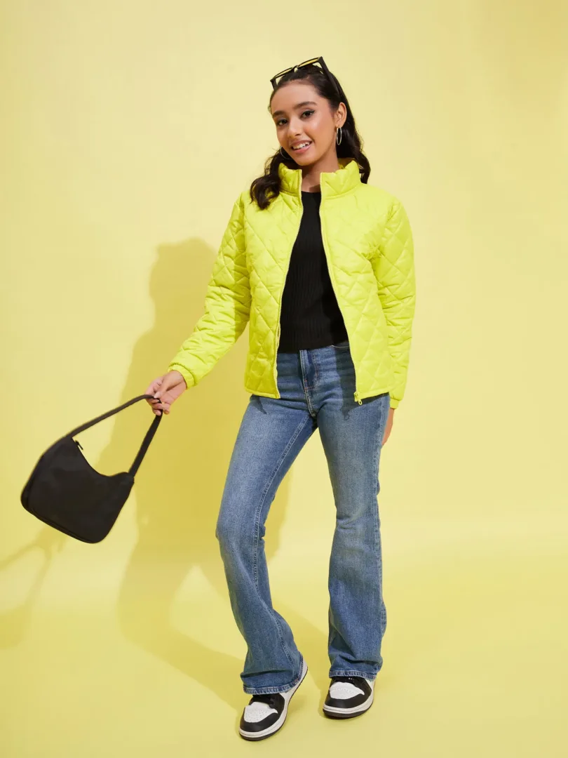 Girls Neon Yellow Taffeta Quilted Zipper Jacket