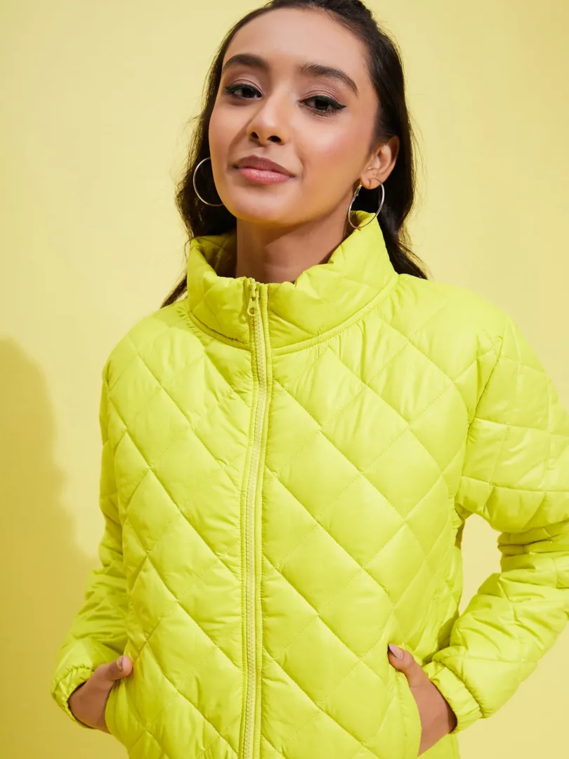 Girls Neon Yellow Taffeta Quilted Zipper Jacket