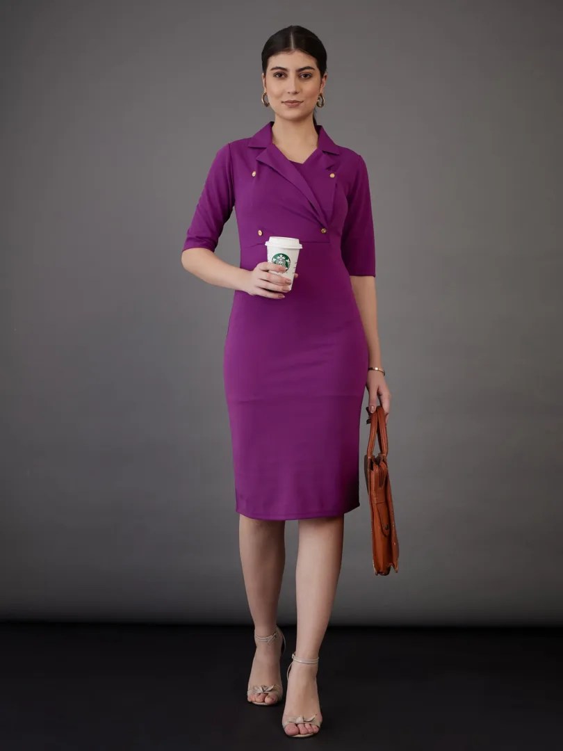 Women Purple Notch Collar Short Sleeve Midi Dress