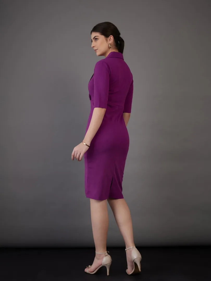 Women Purple Notch Collar Short Sleeve Midi Dress