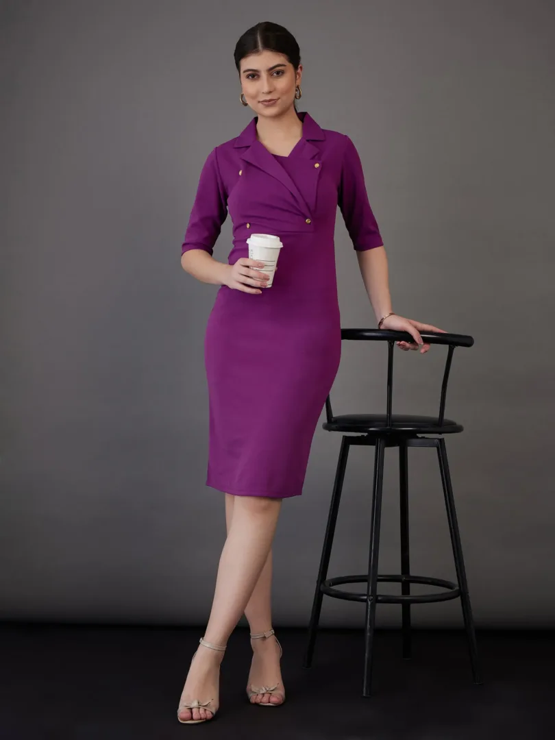 Women Purple Notch Collar Short Sleeve Midi Dress