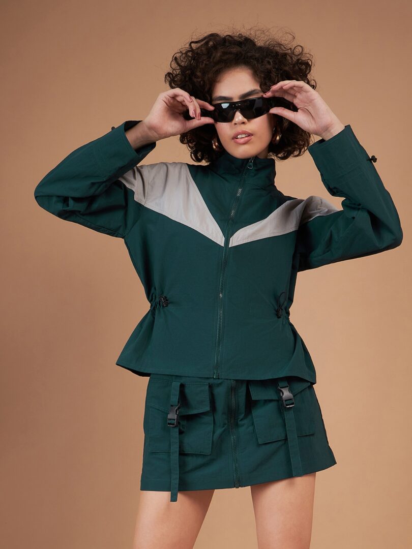 Women Green ColourBlock Parachute Varsity Jacket