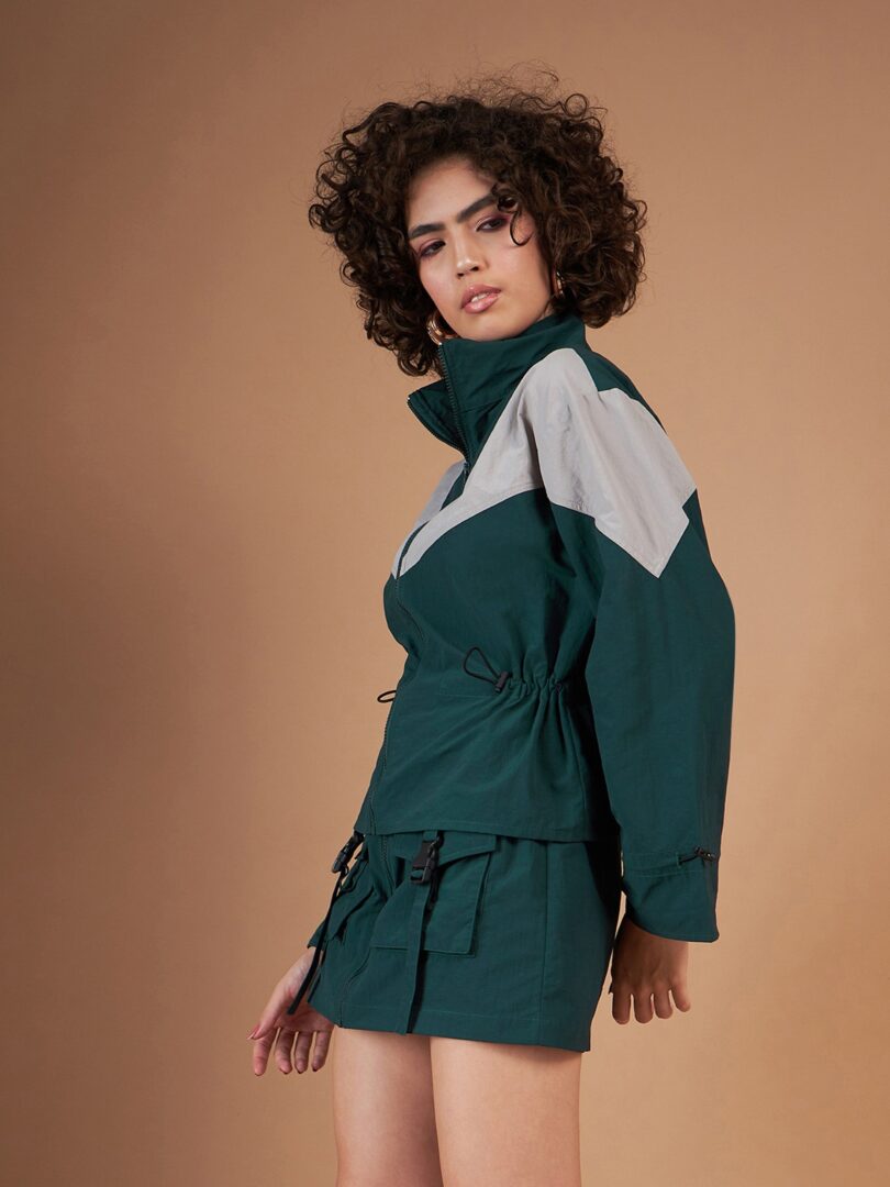 Women Green ColourBlock Parachute Varsity Jacket