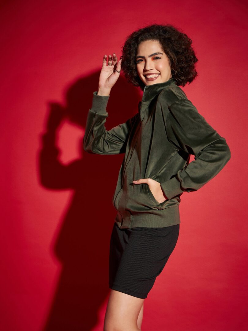 Women Olive Velour Zipper Jacket