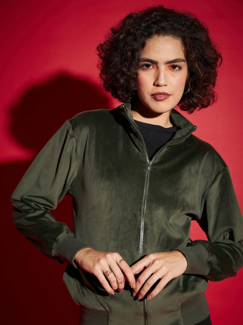 Women Olive Velour Zipper Jacket