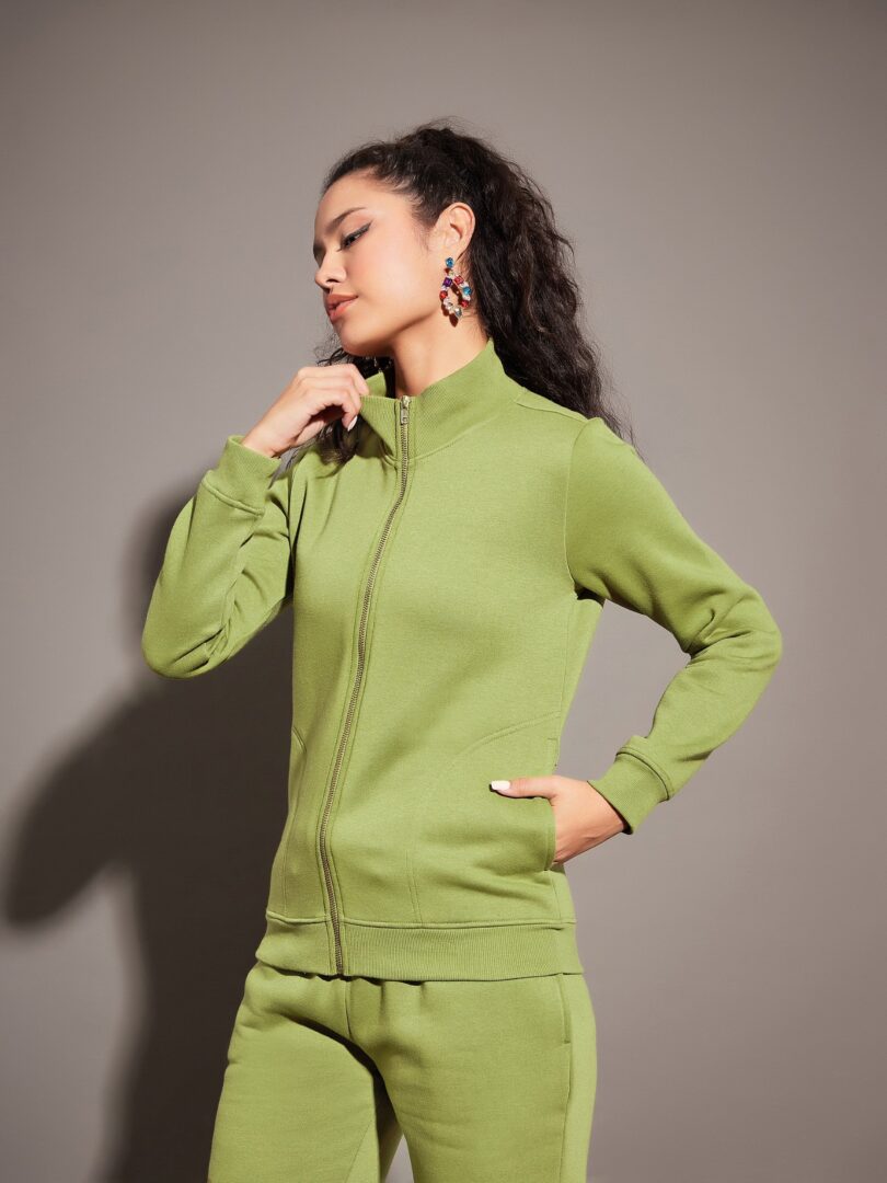 Women Olive Fleece Zipper Jacket