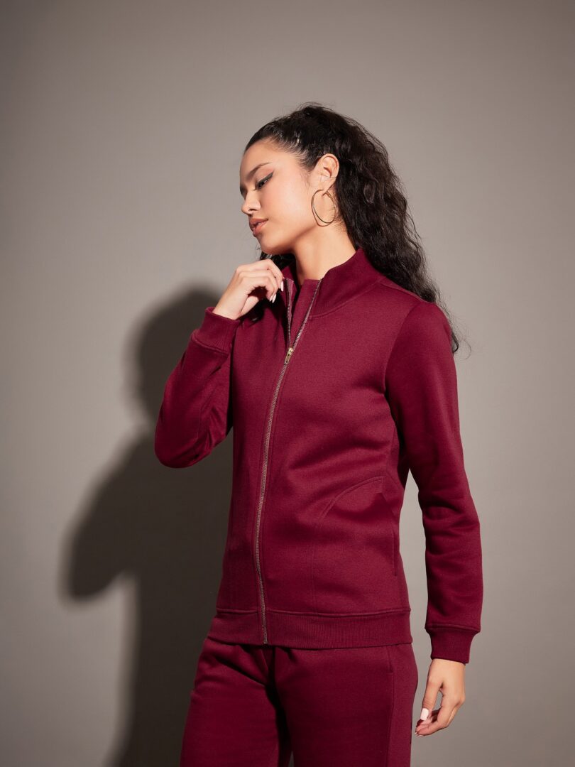 Women Maroon Fleece Zipper Jacket