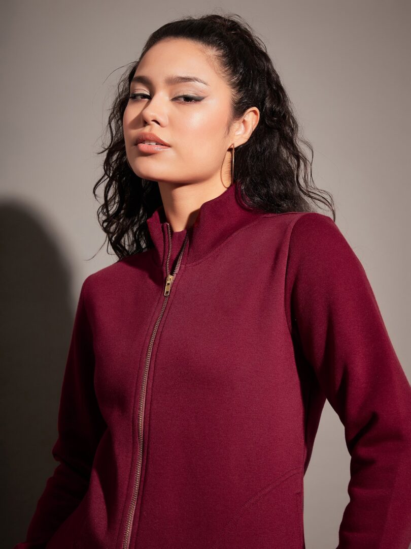 Women Maroon Fleece Zipper Jacket