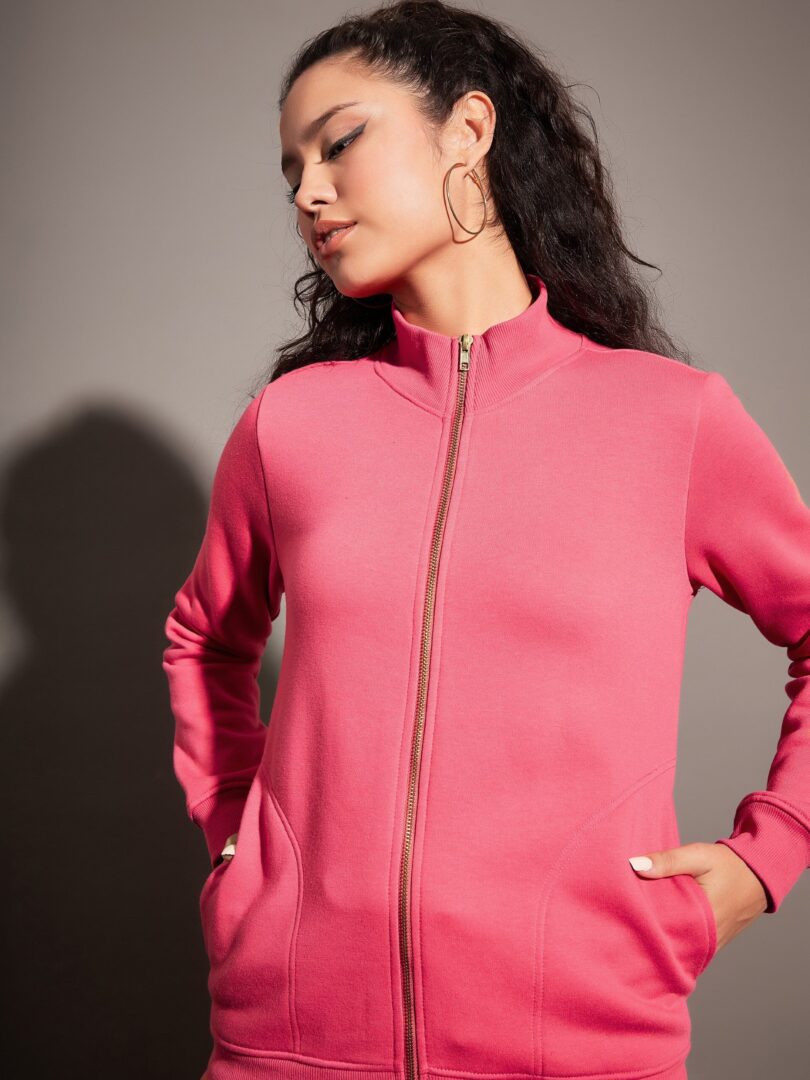 Women Pink Fleece Zipper Jacket