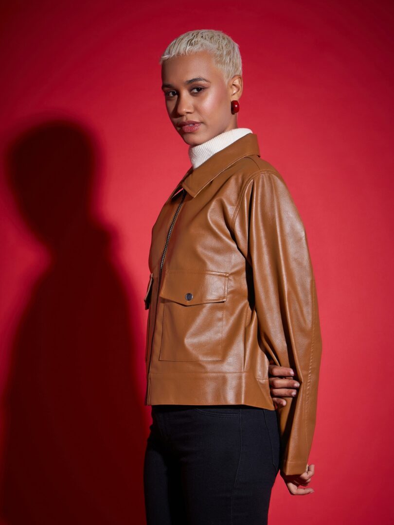 Women Brown PU Front Pocket Jacket