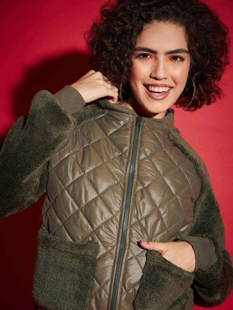 Women Olive Faux Fur Detail Bomber Jacket