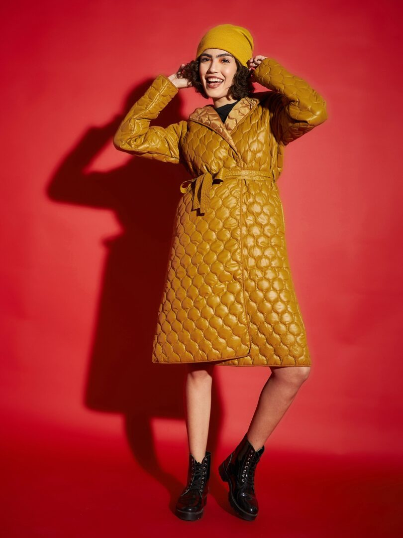 Women Mustard Hooded Longline Puffer Jacket