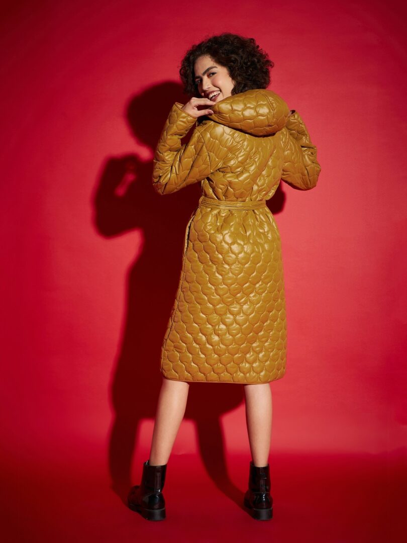 Women Mustard Hooded Longline Puffer Jacket