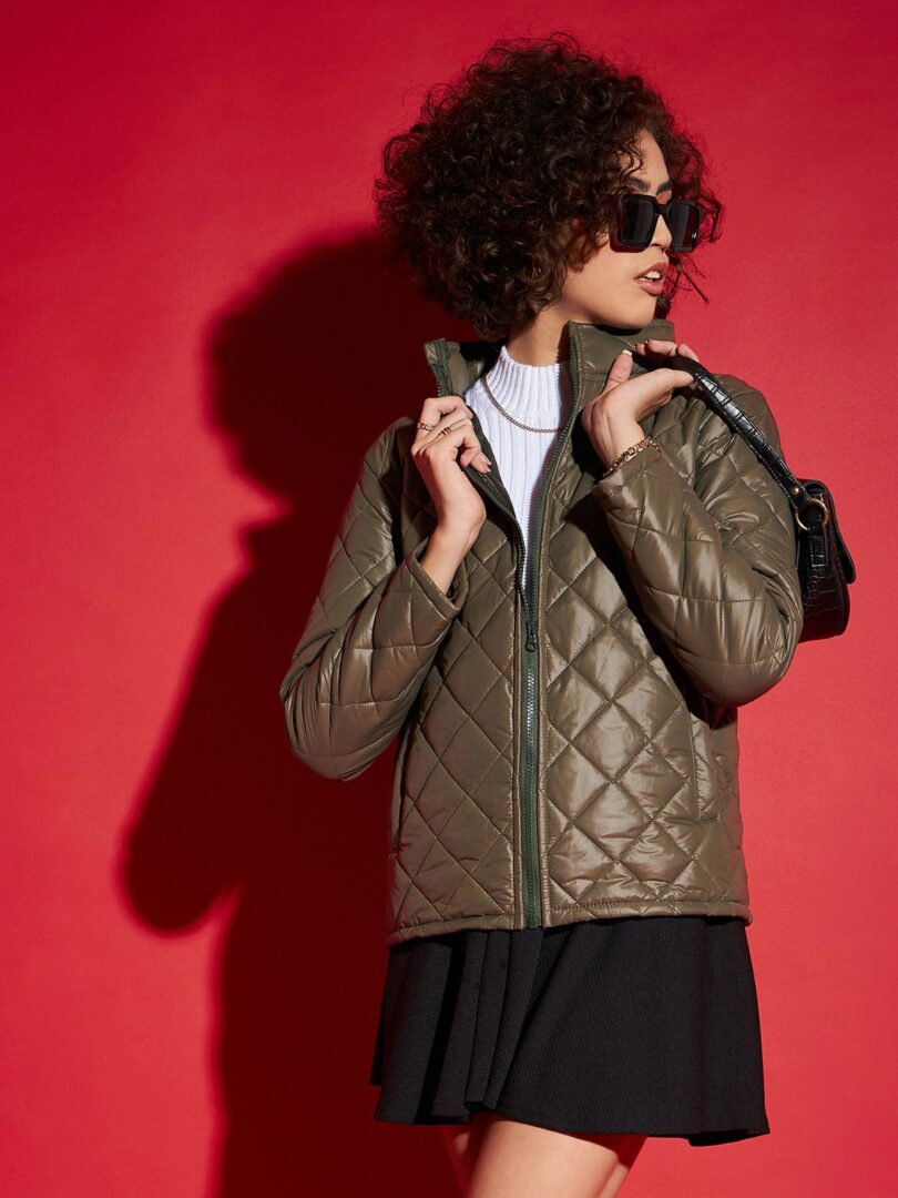 Women Olive Diamond Quilted Hooded Puffer Jacket