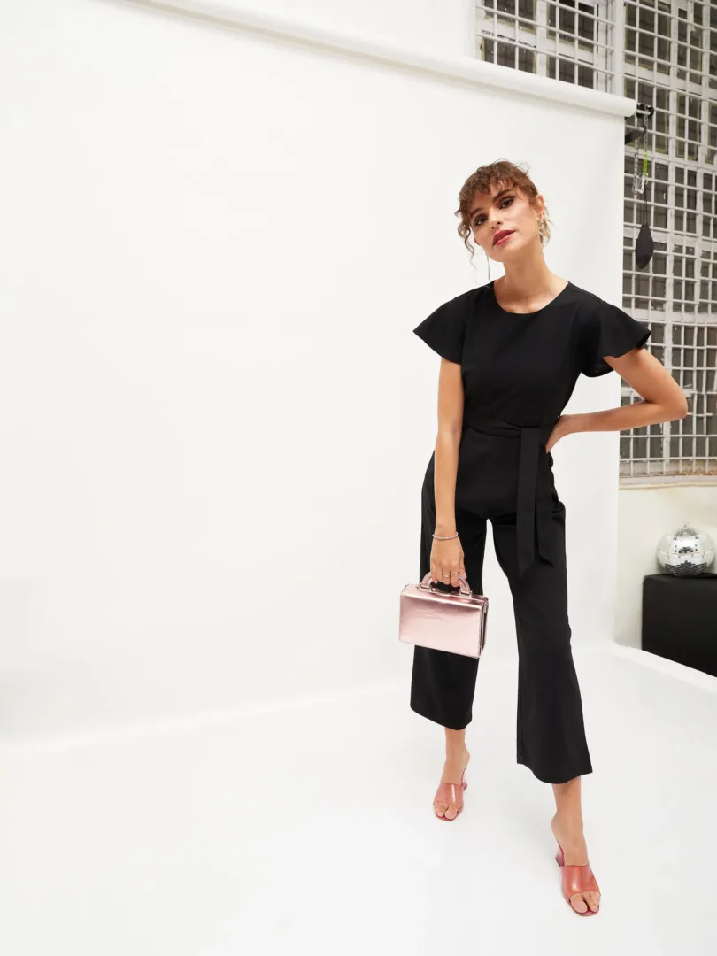 Women Black Cap Sleeves Belted Jumpsuit