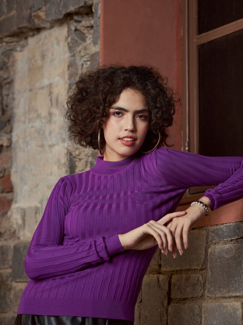 Women Purple Rib Full Sleeves High Neck Sweater