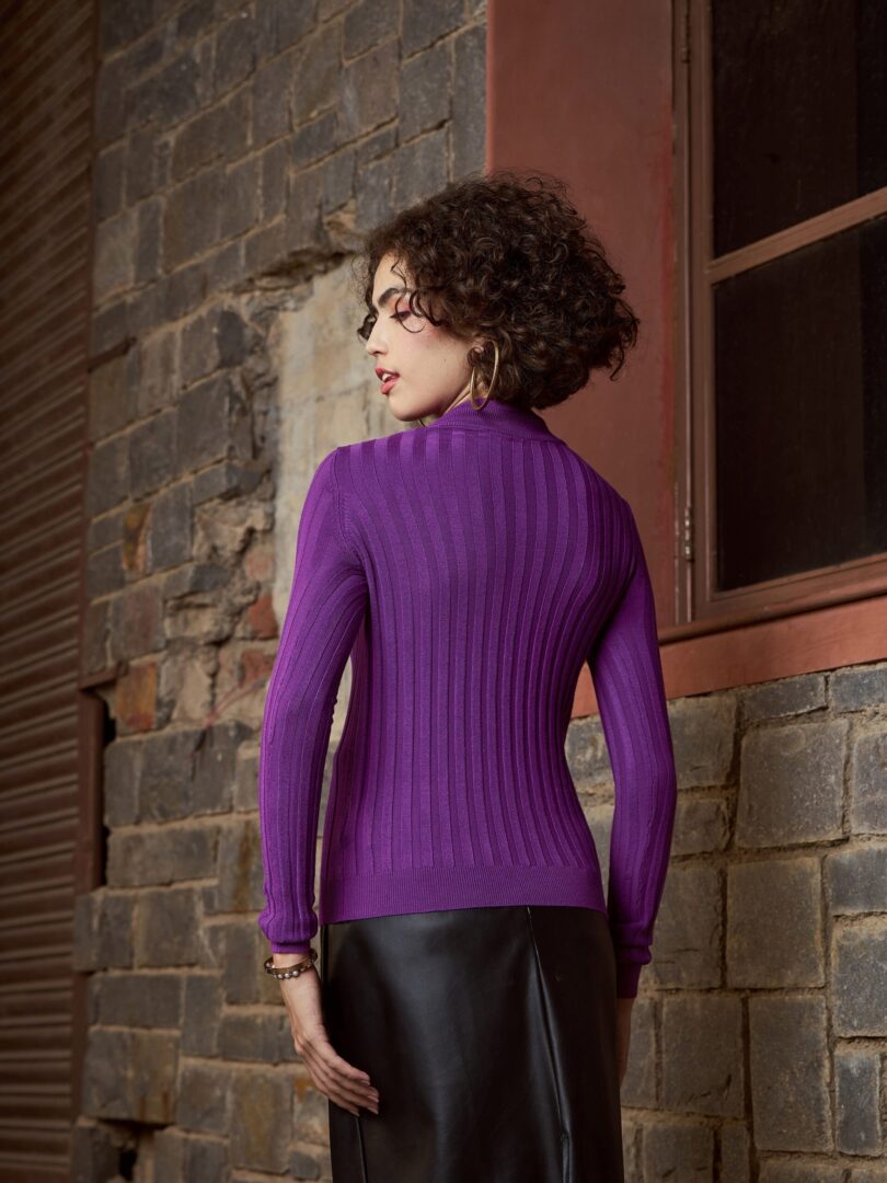 Women Purple Rib Full Sleeves High Neck Sweater
