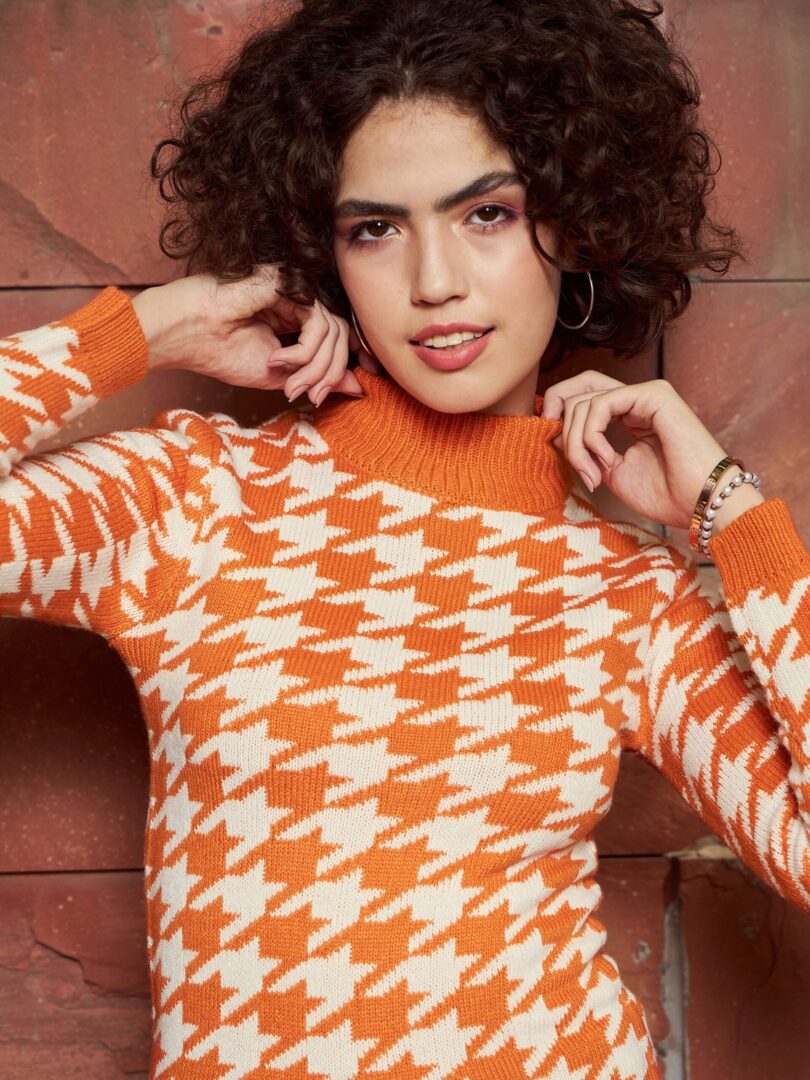 Women Orange And White Houndstooth Sweater
