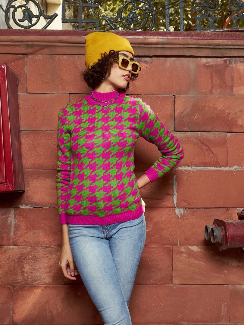 Women Pink And Green Houndstooth Sweater