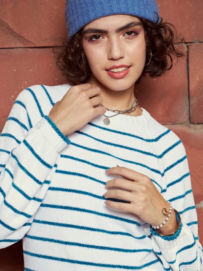 Women Blue & White Striped Full Sleeves Sweater