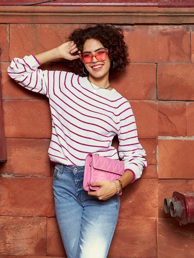 Women Pink & White Striped Full Sleeves Sweater
