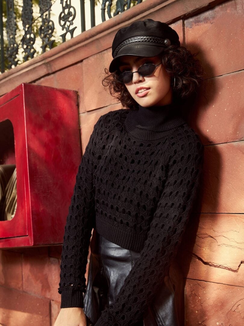 Women Black Crochet Crop Sweater Top