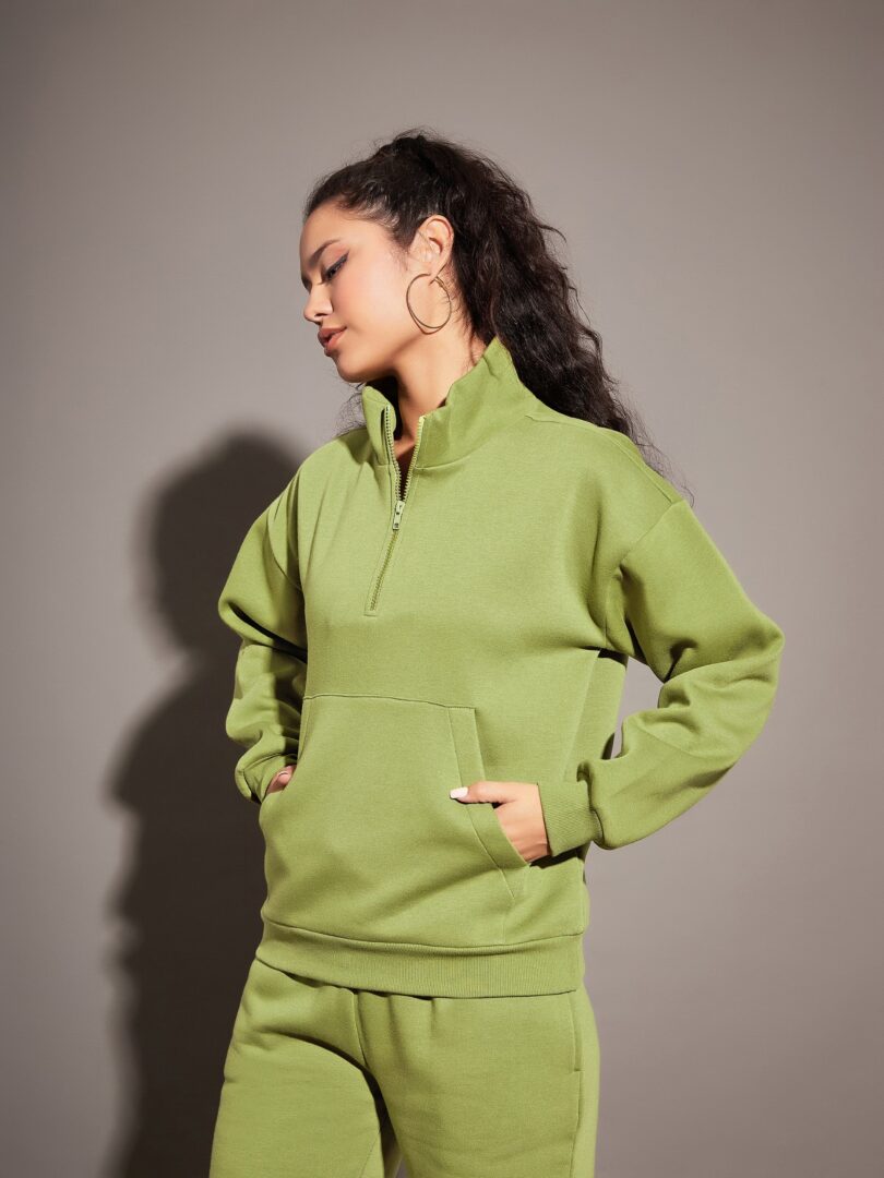 Women Olive Fleece Front Zipper Sweatshirt