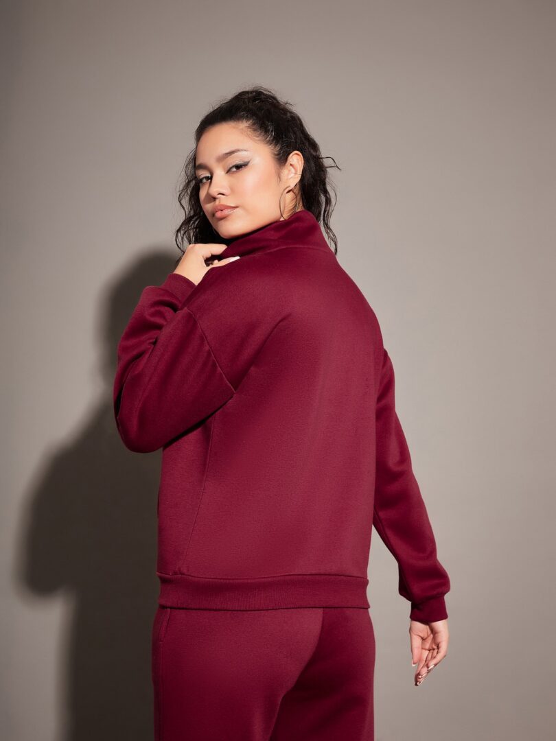 Women Maroon Fleece Front Zipper Sweatshirt